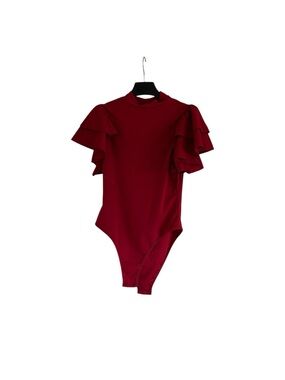 Ruffle Sleeve Red Size Medium High Neck Short Sleeve Bodysuit
